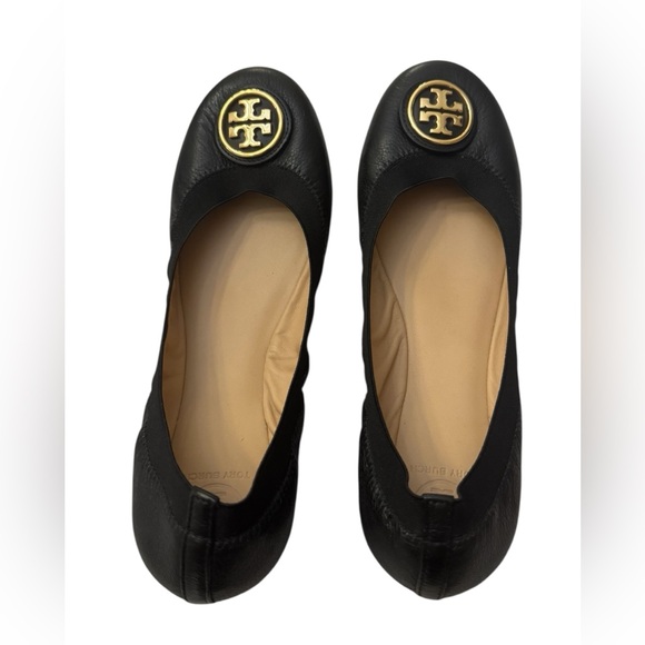 Tory Burch CAROLINE 2 Elastic/Leather Ballet Flats Gold Logo, black SIZE 8M - Picture 3 of 9